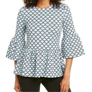 Tyler Boe Crosby Peplum Blouse Damask Pale Blue Black‎ Ruffle Bell Sleeve Zip M